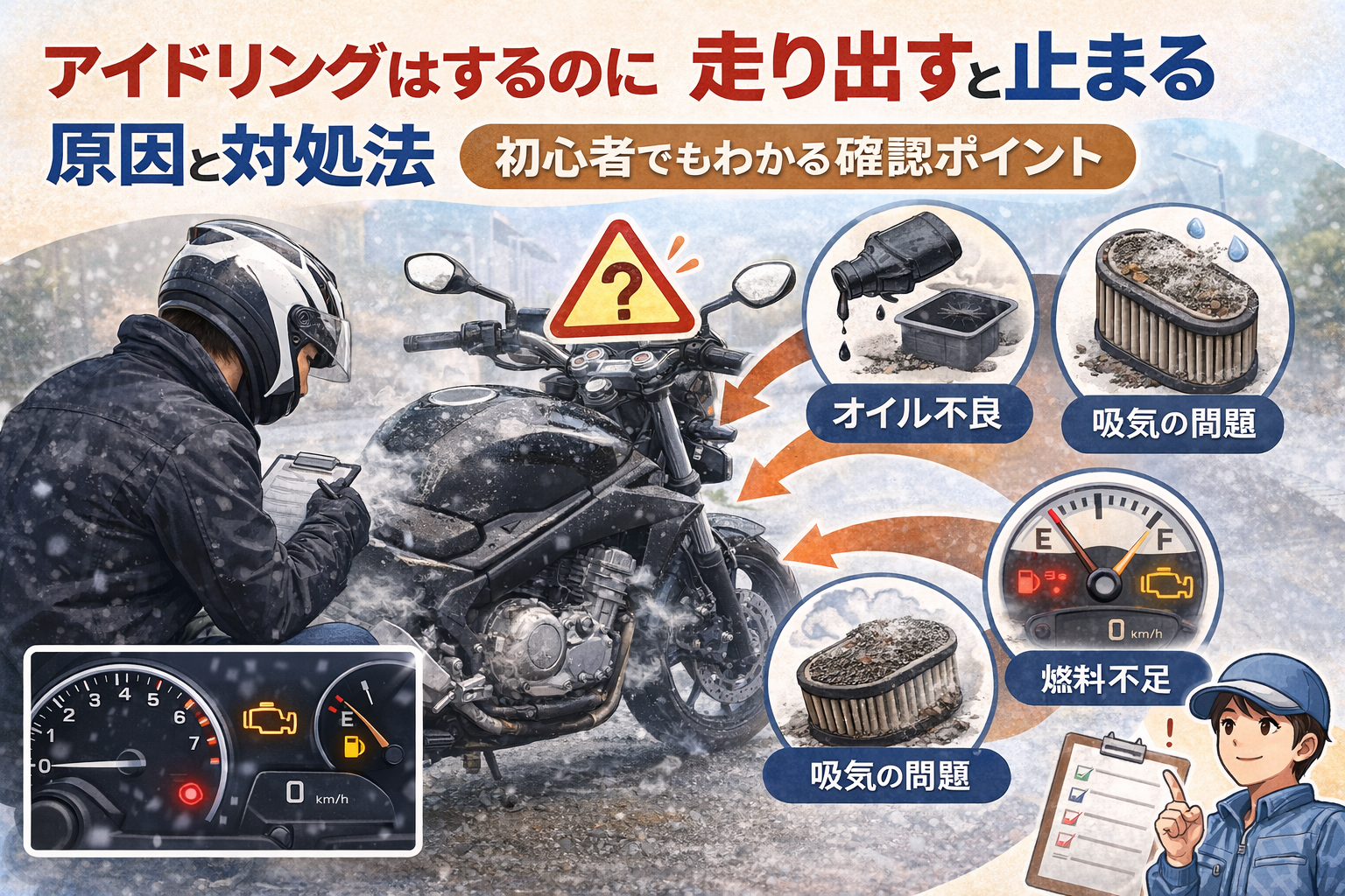 走り出すとエンストするバイクの原因と確認ポイントを解説したイラスト