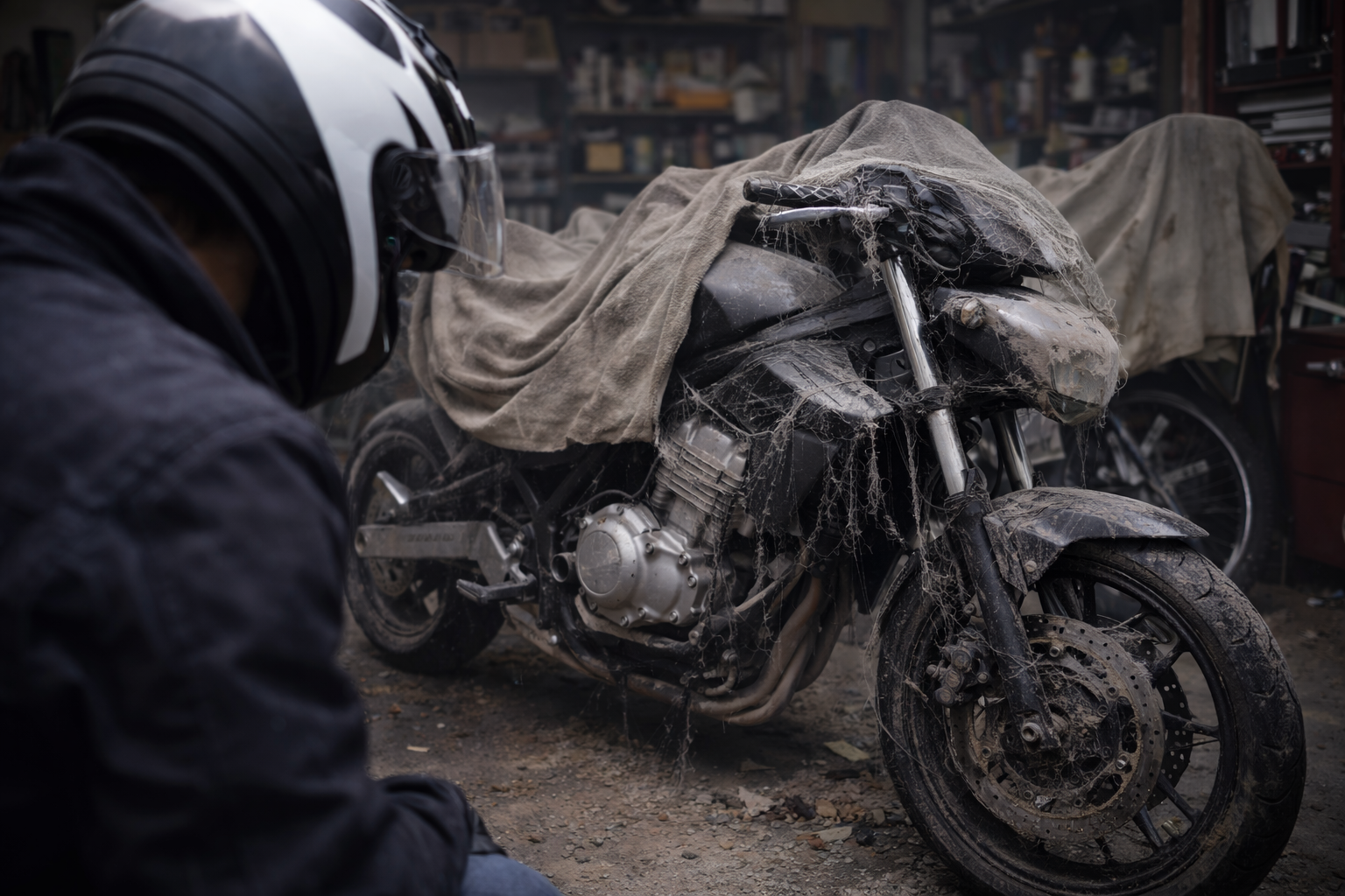 長期間放置され、泥やホコリが付着したバイクを点検しているライダー